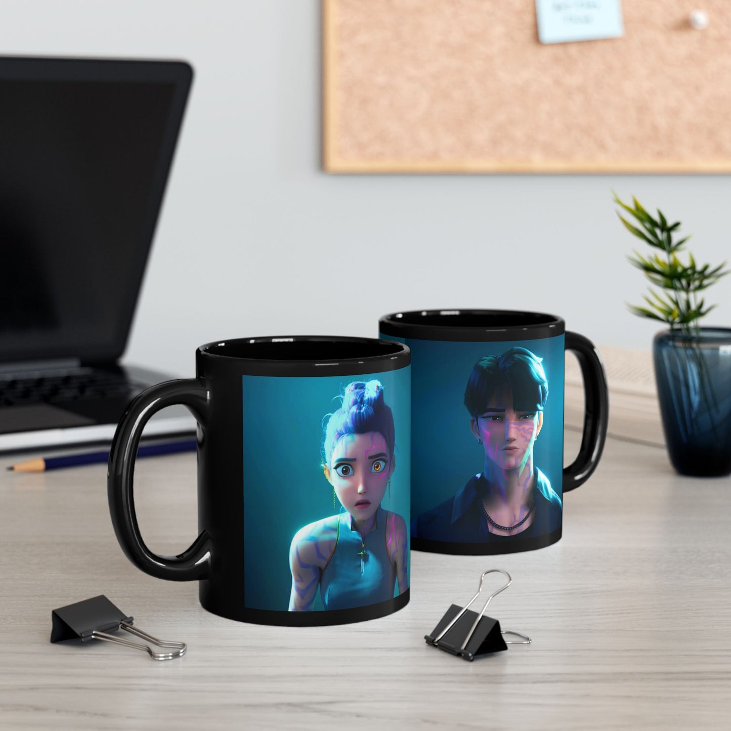 Rumi & Jinu Black Mug with Vibrant Characters - Perfect for Coffee Lovers, Unique Gift, Home Decor, Cyberpunk Aesthetic, Cute & Fun