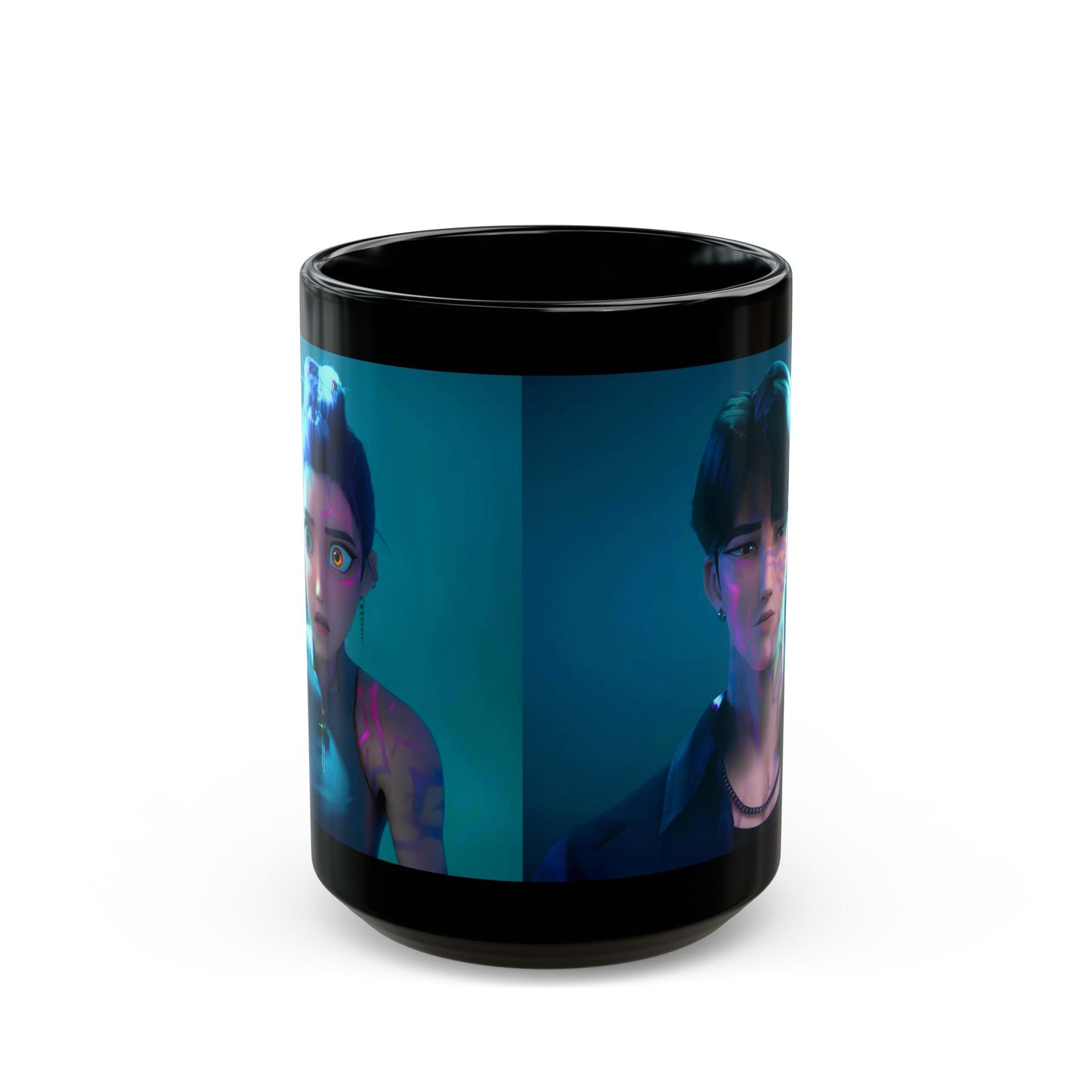 Rumi & Jinu Black Mug with Vibrant Characters - Perfect for Coffee Lovers, Unique Gift, Home Decor, Cyberpunk Aesthetic, Cute & Fun